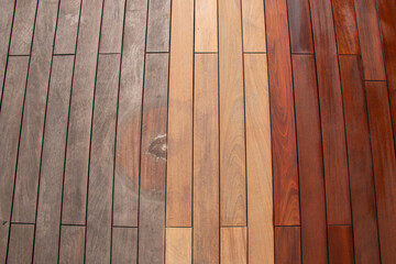 Wood planks texture - weathered with water stain of plant pot, sanded, and freshly oiled ipe deck - obrazy, fototapety, plakaty