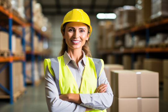 Smiling female warehouse manager with hard hat standing in a warehouse.
