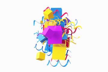 Close-up of abstract holiday confetti with cube shape on white background. 3d rendering illustration