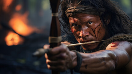 Fototapeta premium archer in the middle of a precise shot, concentration in their eyes generative ai