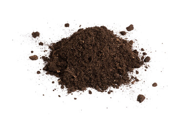 Mound of soil isolated on white background. Pile of light-weight and nutrient potting mix substrate...