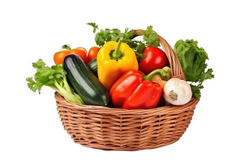 Raw vegetables in wicker basket isolated on cutout PNG transparent background