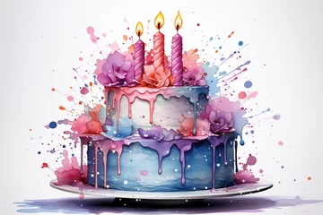Fotobehang delicious birthday party cake in colorful watercolor style © HeGraDe