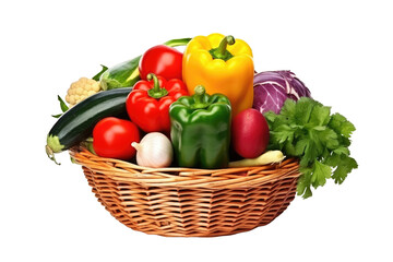 Raw vegetables in wicker basket with handle on clipped PNG transparent background