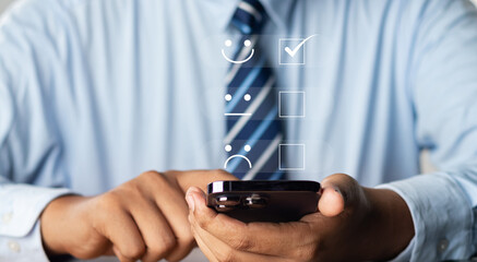 Online customer satisfaction survey feedback and ratings for business success, User give rating to service experience on online application, Quality service evaluation positive customer reviews.