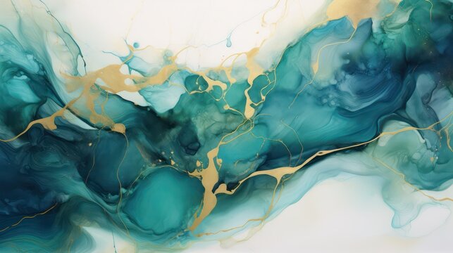 Luxurious banner background displaying an abstract marble ink painting texture in gold and emerald green color combination. It depicts dark green and gold waves with splashes of gold paint