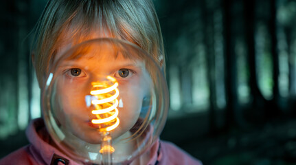Young child looks curiously into a filament light bulb.