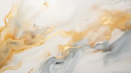 Gold and white marble ink painting textures. Liquid waves of oil painting in white and gold with splashes of gold paint for added elegance.