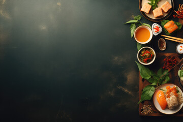 Sushi set on black wooden table, top view. Space for text