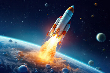 Space rocket flying high in the sky. 3D rendering