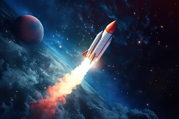 Space rocket flying high in the sky. 3D rendering