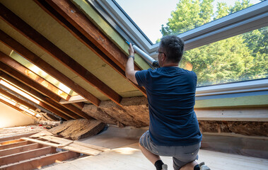Craftsman caulking a new window in the attic.