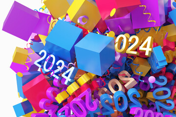 Close-up of festive Christmas confetti with 2024 text and cube shape on a white background. 3d rendering illustration