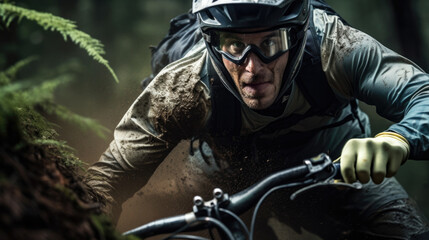Obraz premium cyclist facing a challenging trail with determination generative ai