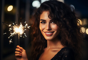 Feche o retrato fotográfico de uma mulher atraente segurando um diamante de fogos de artifício e uma taça de champanhe. concentre-se em diamante. vestido preto de lantejoulas de ano novo - obrazy, fototapety, plakaty