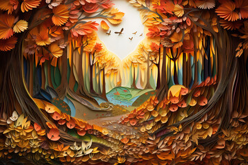 Naklejka premium Beautiful autumn forest. Landscape in decorative illustration style.