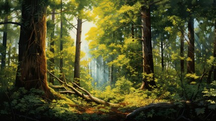  a painting of a lush green forest with lots of trees and leaves on both sides of the forest floor and the sun shining through the trees on the far end of the forest floor.