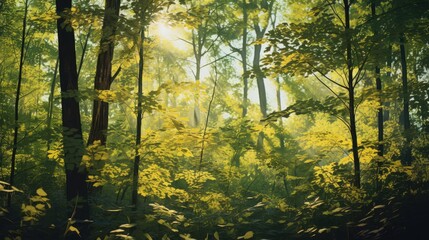  a painting of the sun shining through the trees in a green, leafy, wooded area with tall trees in the foreground and yellow foliage in the foreground.