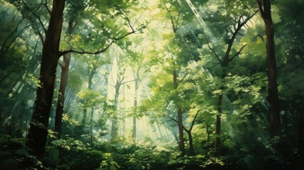  a painting of trees in a forest with sunlight coming through the trees and the sun shining through the leaves on the trees and the leaves on the trees are green.