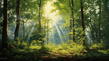  a painting of a sunbeam in the middle of a forest with sunlight streaming through the trees on either side of the sunbeam, and the sun shining through the trees.