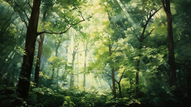  a painting of trees in a forest with sunlight coming through the trees and the sun shining through the leaves on the trees and the leaves on the trees are green.