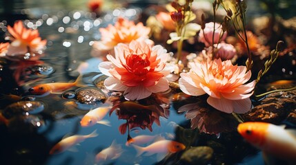  a pond filled with lots of water and lots of orange and white flowers on top of a pond filled with koi and goldfish in the middle of the water.