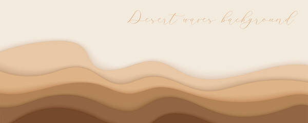 Desert waves, sand dunes paper art banner, poster template. Nude beige waves papercut style. Vector illustration EPS 10.