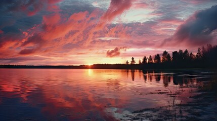  a large body of water with a sky filled with clouds and the sun setting in the distance with trees in the foreground and a body of water in the foreground.