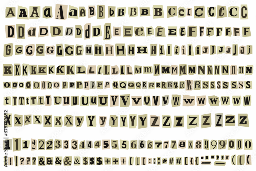 Fototapete ransom letters newspaper text cutout vector alphabet.blackmail paper cut anonymous trendy note font.