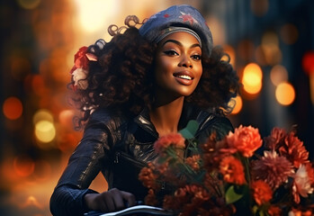 Linda senhora negra atraente andando de bicicleta com flores na imagem da cesta