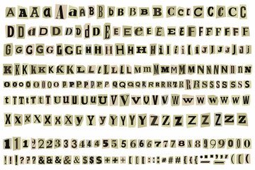 Ransom letters newspaper text cutout vector alphabet.Blackmail Paper Cut Anonymous trendy Note Font. Latin capital and lowercase letters and Numbers magazine alphabet on pieces of paper in brown color - obrazy, fototapety, plakaty