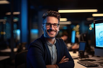 Portrait of a handsome young businessman wearing glasses and smiling while working in the night office, Portrait, man and smile of programmer on computer in office workplace at night, AI Generated