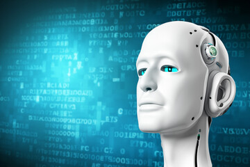 Obraz premium a robot head with a blank face against a background filled with blue binary code. The image perfectly encapsulates the concept of artificial intelligence and technology.