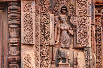 Khmer Apsara bas relief at Banteay Srei, 10th century hindu temple an Khmer masterpiece at Siem Reap, Cambodia, Asia