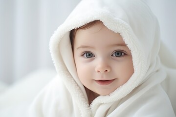 Portrait of a cute little baby wrapped in a white blanket, Portrait of a cute baby under a white blanket on a light background, AI Generated