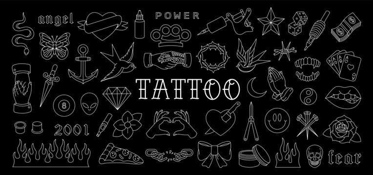 Old school tattoos. Swallow, rose, heart, knife, anchor, skull, hands, flowers, snake. Various old school tattoos. Vector illustration.