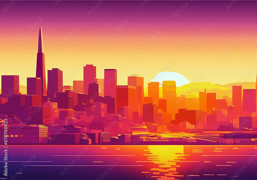 Wall mural city downtown sunset