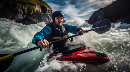 Obraz premium kayaker navigating rough waters generative ai