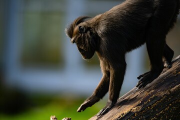 Closeup of a black macaque sitting on a tree stump in a zoo