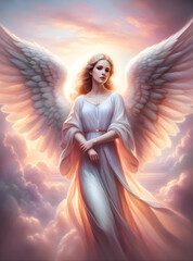 Obraz premium Female angel in a beautiful sky with golden sunlight in the background.