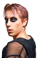 Portrait of young extraordinary man with makeup, smoky eyes and pink hair posing isolated on white studio background. Concept of male makeup, fashion, lgbtq community, self-identity, acceptance