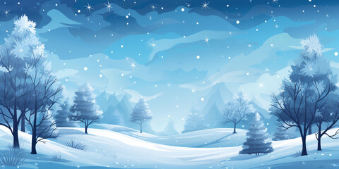 Panorama of winter evening forest. Congratulatory, New Year or Christmas background.