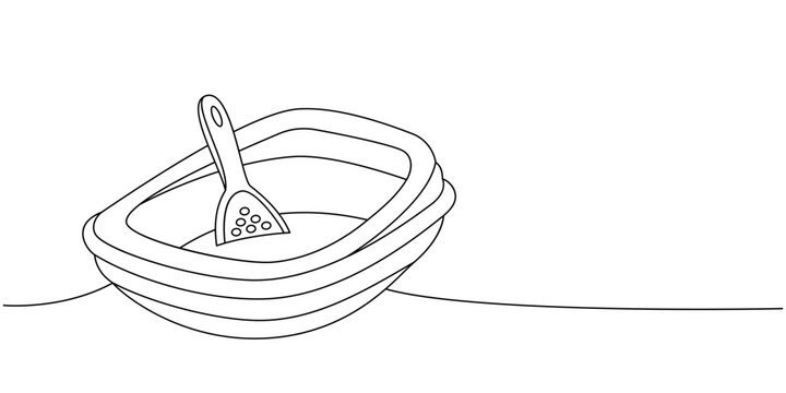 recommend clip art: Pet toilet, cat litter box with scoop one line continuous drawing. Animals accessories, pet toy supplies continuous one line illustration.