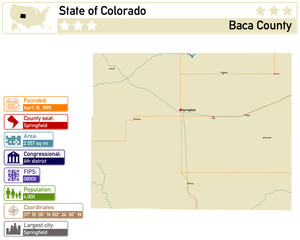 Detailed infographic and map of Baca County in Colorado USA. - obrazy, fototapety, plakaty