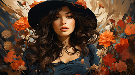 An artwork featuring a woman adorned in a wide-brimmed black hat, enveloped by flowers in autumnal hues