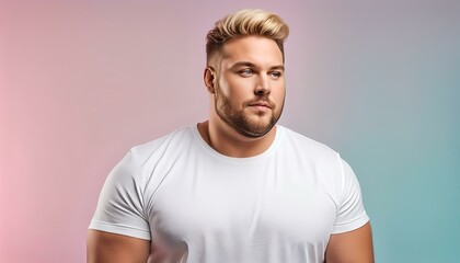 plus size chubby blonde beautiful man with white t-shirt pastel color background, front posing, From the waist up, hands in pockets, Mockup template for t-shirt design print