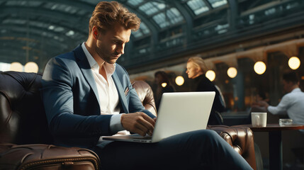 Businessman with laptop working in airport lounge - obrazy, fototapety, plakaty