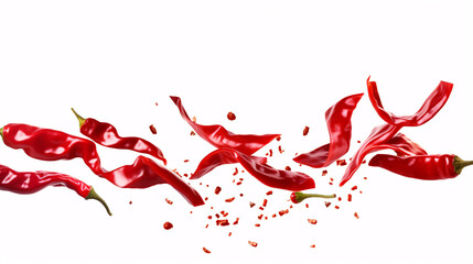 Isolated red chilli peppers, sliced and tumbling, against a bright white backdrop.