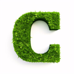 A 3D design of the capital letter C, with a lush grass-filled meadow, in a symbolic green font on a white background with a shadow, representing eco-nature and the environment.
