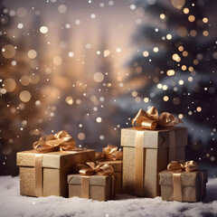 Winter's Christmas festivities adorned with gift boxes, trees, and ornaments against a backdrop of snowflakes. A joyful celebration of the New Year in a special and festive setting